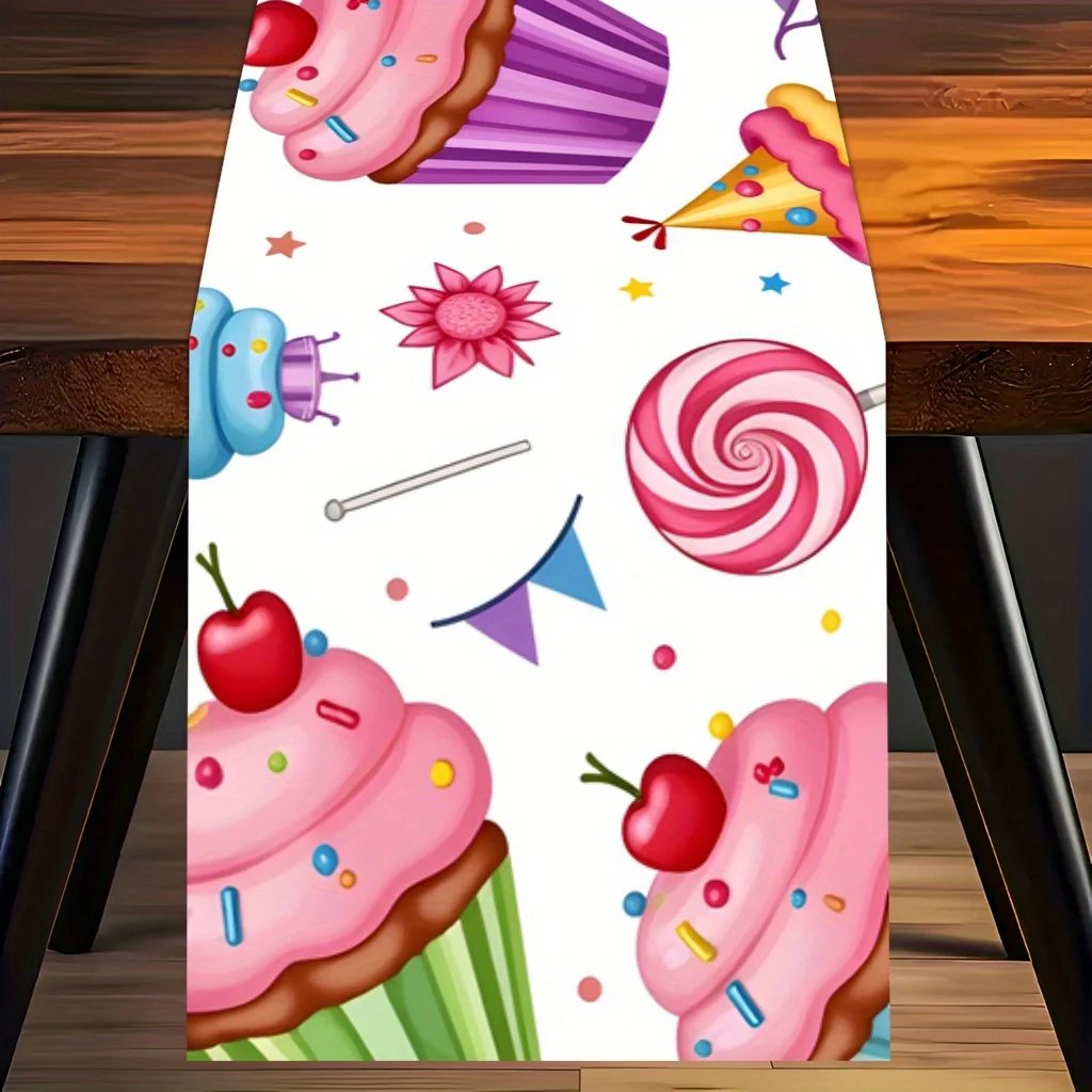 1 Piece Dessert Illustration Table Runner, Suitable for Farmhouse, Indoor, Kitchen, Celebrations, Table Decoration, Restaurant and Banquet Decoration Supplies