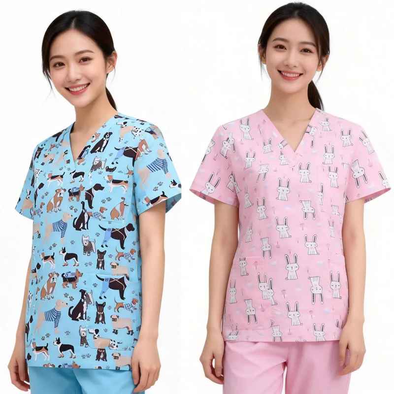 

Высококачественная футболка с короткими рукавами и v-образным вырезом, больничная клиника, салон красоты, скраб с принтом, модная одежда для кормления с мультяшным принтом