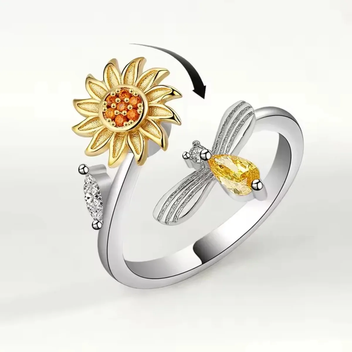 Anti-Stress Spinner Ring for Women, Rotatable Flower Bee Design, Adjustable Zircon Fashion Jewelry