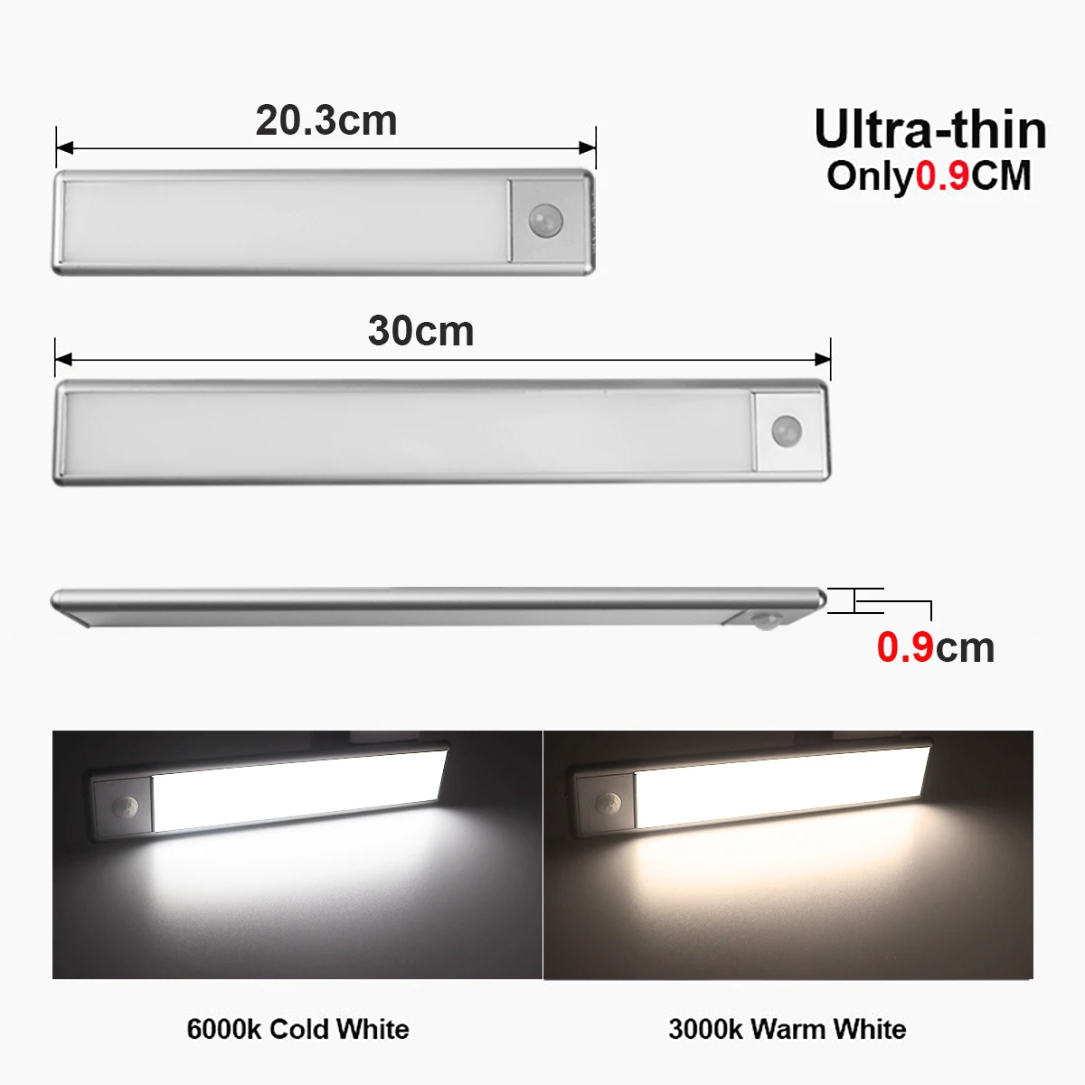 LED Night Light PIR Motion Sensor Kitchen Under Cabinet Light 20/30cm Rechargeable Closet Wardrobe Lamp Aluminum Night Light