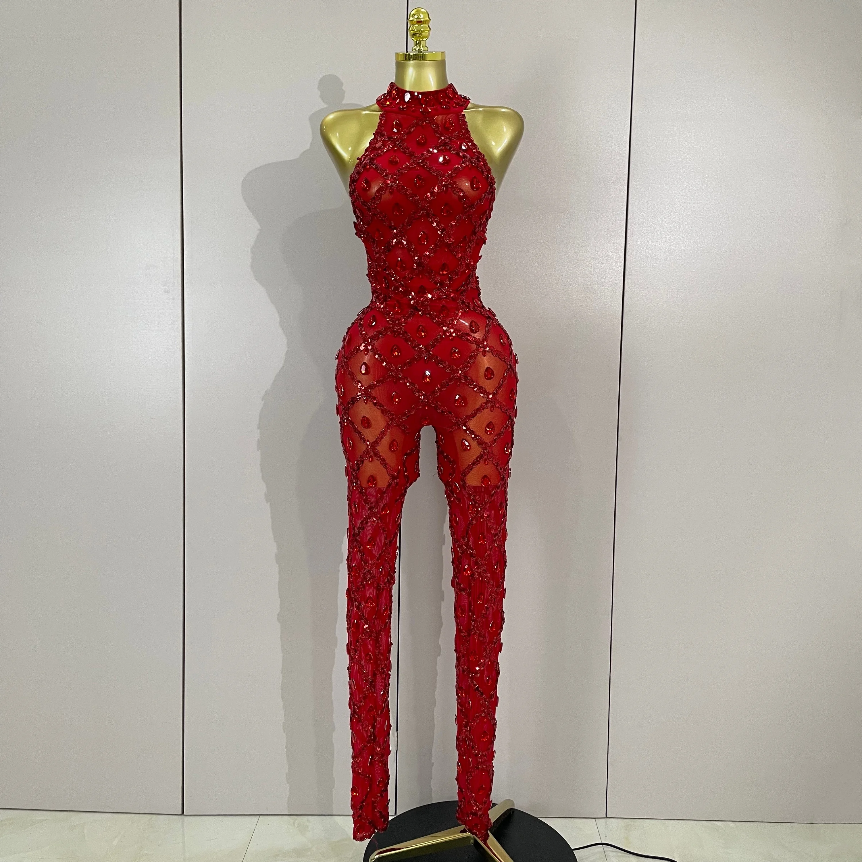 STOCK Luxury Sparkly Red Diamonds Mesh See Through Jumpsuit Celebrate Birthday Sexy Dancer Nightclub Performance Stage Costume