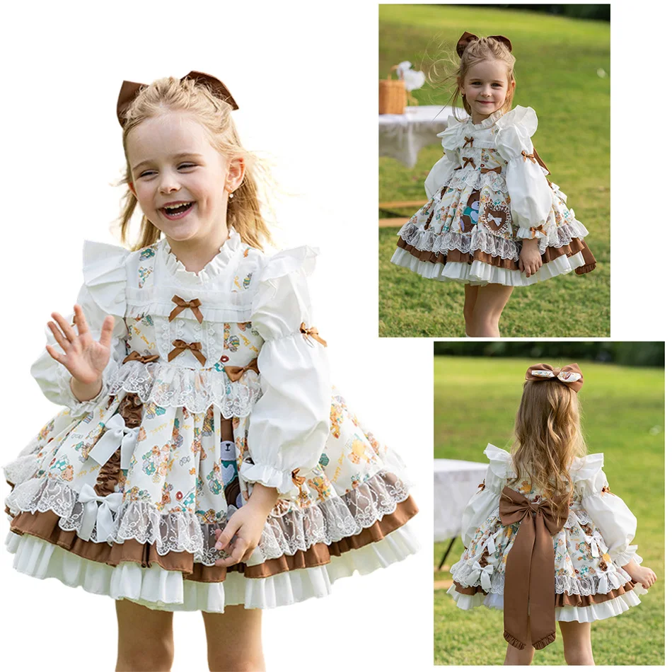 

Kids Vintage Lolita Dress 4-10Y White Brown Layered Lace Bowknot Dress Cotton Blend Outfit with Big Bow for Wedding Birthday
