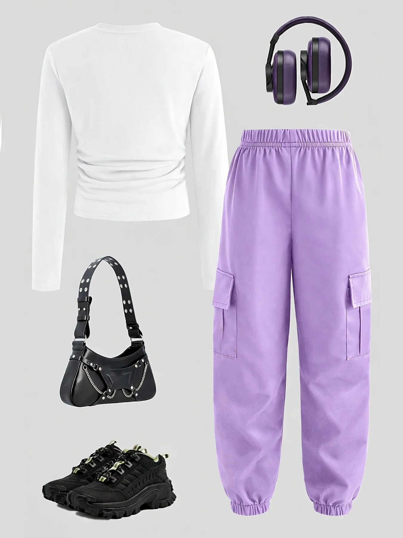 Comfy Kids Girls 2-Piece Set, Soft Breathable Anime Print Crop Top + Purple Cargo Pants for School & Play