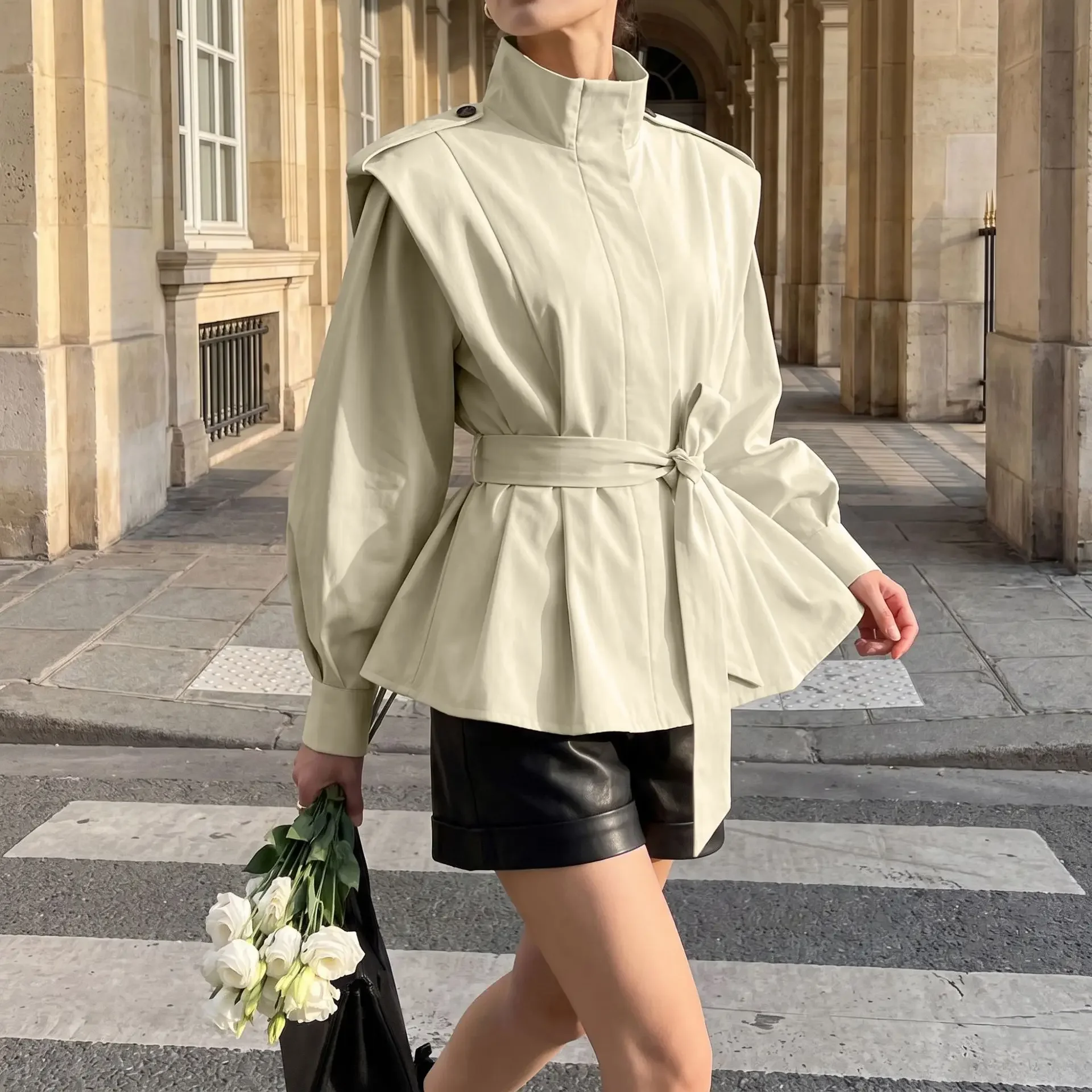 European and American Standing Collar Trench Coat for Women's Fashion Waist Cinching Strap Jacket 2026 Autumn and Winter New
