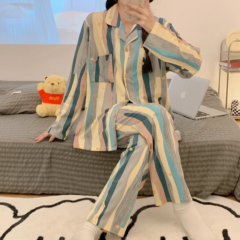 Large size household clothes Spring and autumn cotton like cardigan lapel long sleeve suit pajamas for women Korean casual