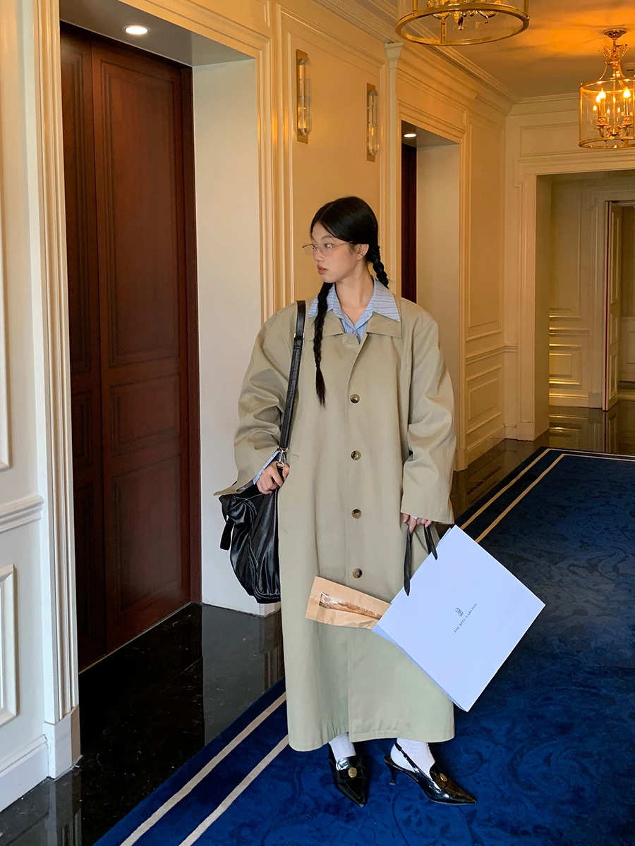 معطف نسائي طويل بلون الكاكي من G، سترة واقية من الرياح بأسلوب بريطاني عصري، مصنوع من القطن 00%، تصميم مستقيم أنيق للتنقل ا... #4