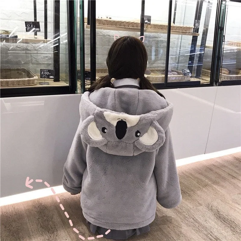 Autumn Winter Zipper Coat Sweet Hooded Kawaii Harajuku Loose Pocket Hoodies Womens Fleece Flannel Sweet Koala Coats 2023 Female
