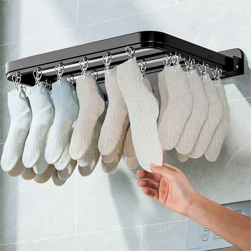 Foldable Wall-mounted Bra Sock Drying Rack Underwear Holder Towel Shelf Hook Balcony Organizer Sock Clip for Laundry