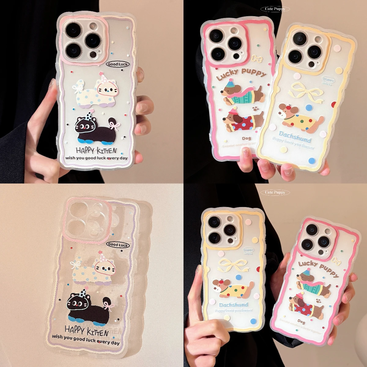

Big Waves Frame Bowknot Cute Pets Cat Badger Dog Thin Light Phone Case For iPhone 11 12 13 14 15 16 Pro Max Anti Drop Case