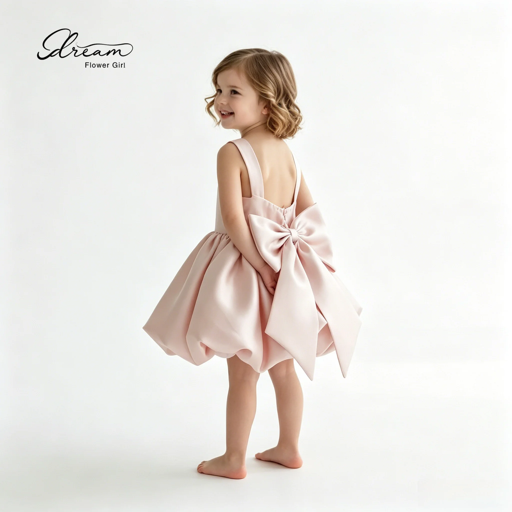 Simple flower girl pink satin bow tie-front strapless backless knee-length short dress evening gown