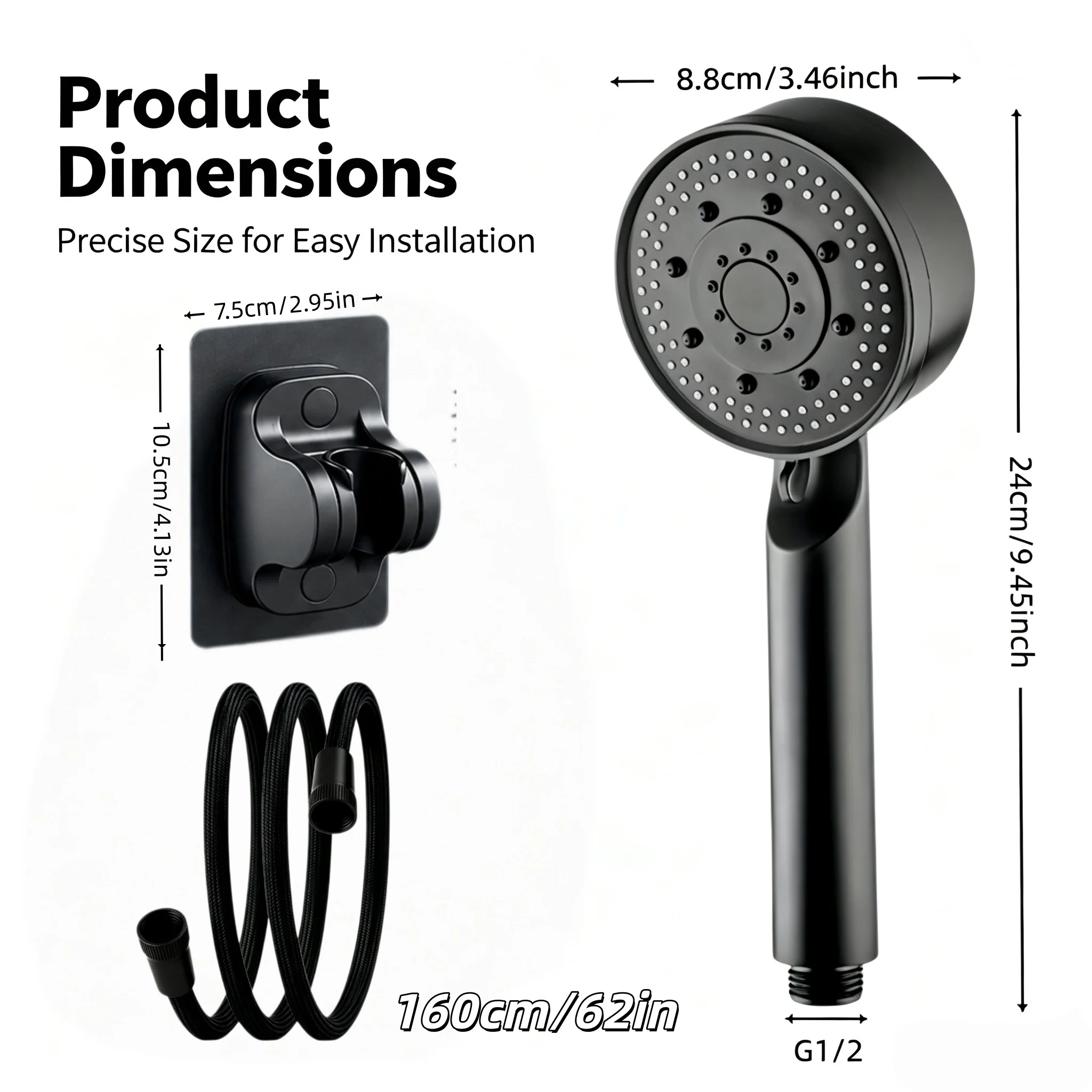Black High-Pressure Shower Head 3-Piece Set 5 Spray Modes with 1.6m (62in) Shower Hose Drill-Free Bracket For Shower Use Only