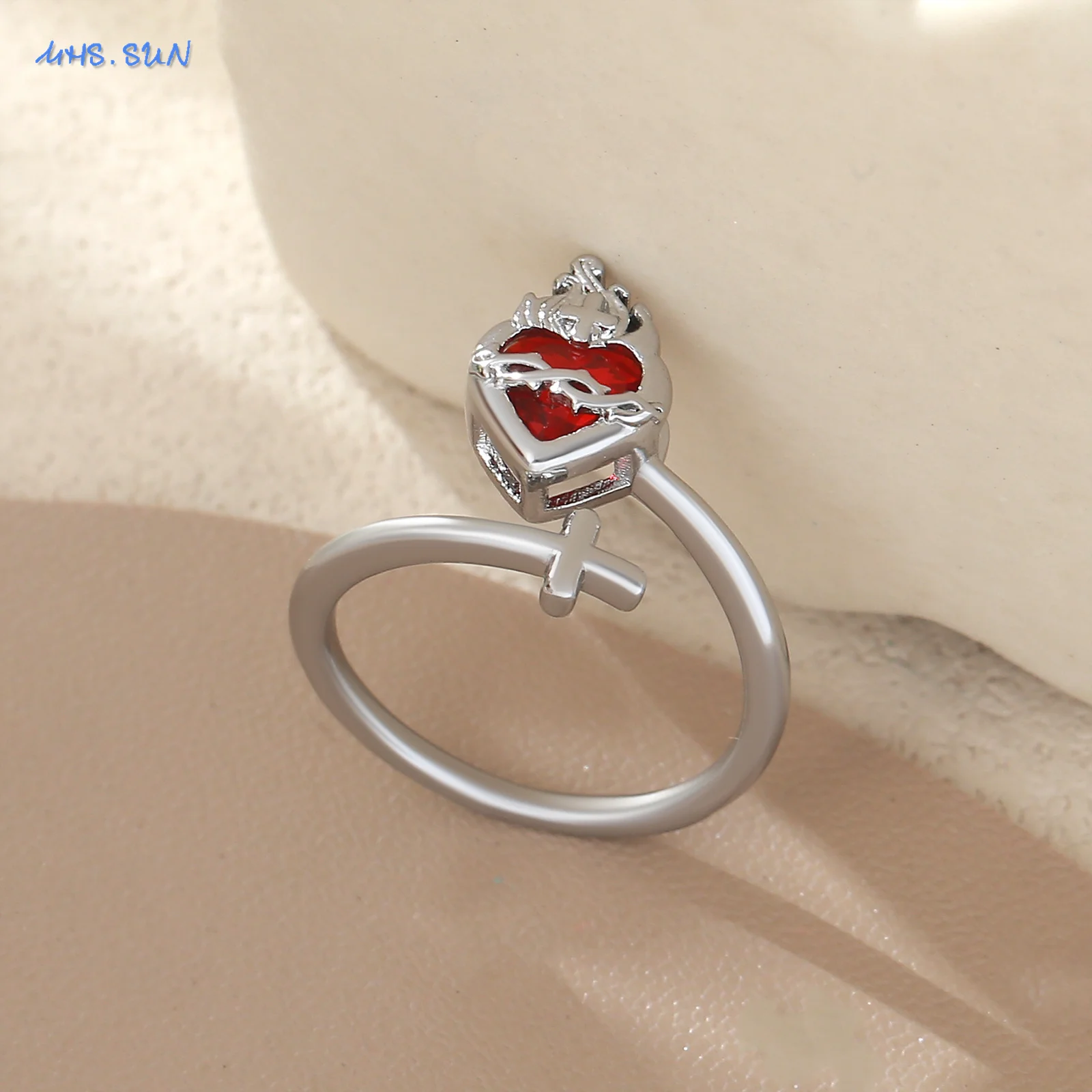 MHS.SUN Fashion Sacred Heart Rings Flame Cross Thorn Design Adjustable Finger Rings For Women Jewelry Catholic Believer Gifts
