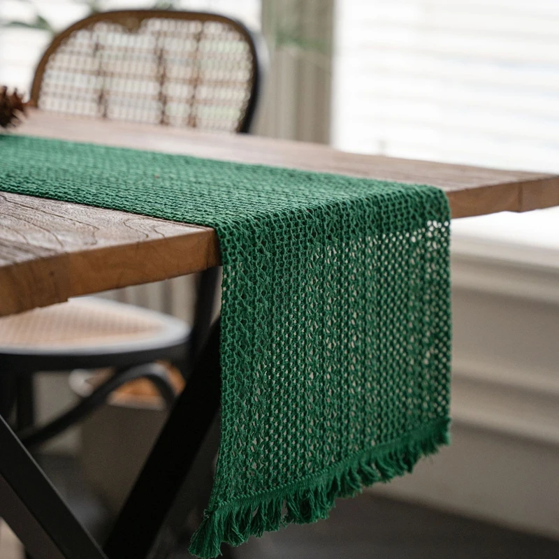 Green Bohemian Cotton Flat Table Runner With Fringe Crochet Lace Mesh Tablecloth Kitchen Vintage Farmhouse Wedding Table Decor