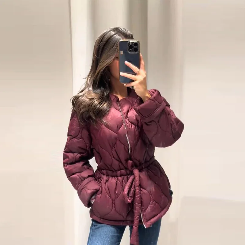 Vestes en coton pour femmes, manteau grille de diamant, col rond, cordon de serrage à la taille, manches longues, vêtements d'extérieur amples pour dames, hiver