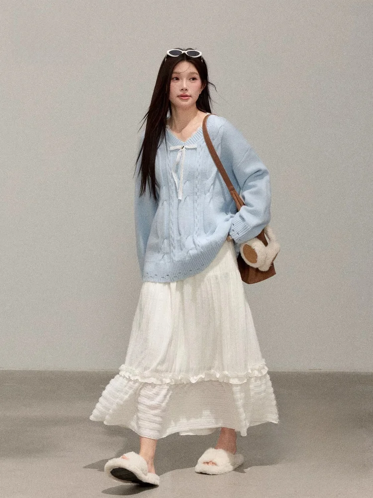 

Корейский женский комплект больших размеров с эффектом похудения, длинный вязаный топ с высокой талией, белая юбка V-Ne C...