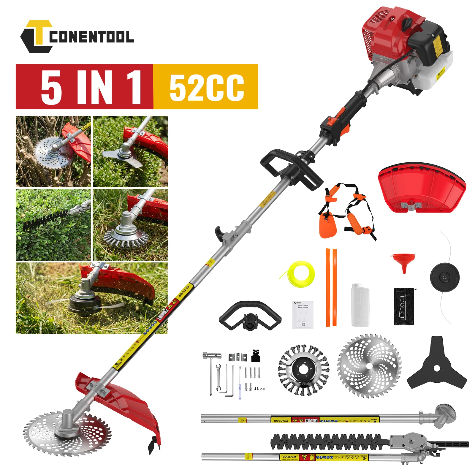 CONENTOOL 5-in-1 Benzin-Trimmer 11000 U/min Rasenmäher 52cc Benzin-Heckenschere 2-Takt-Motor 2,5KW Benzin-Freischneider Gartenwerkzeuge