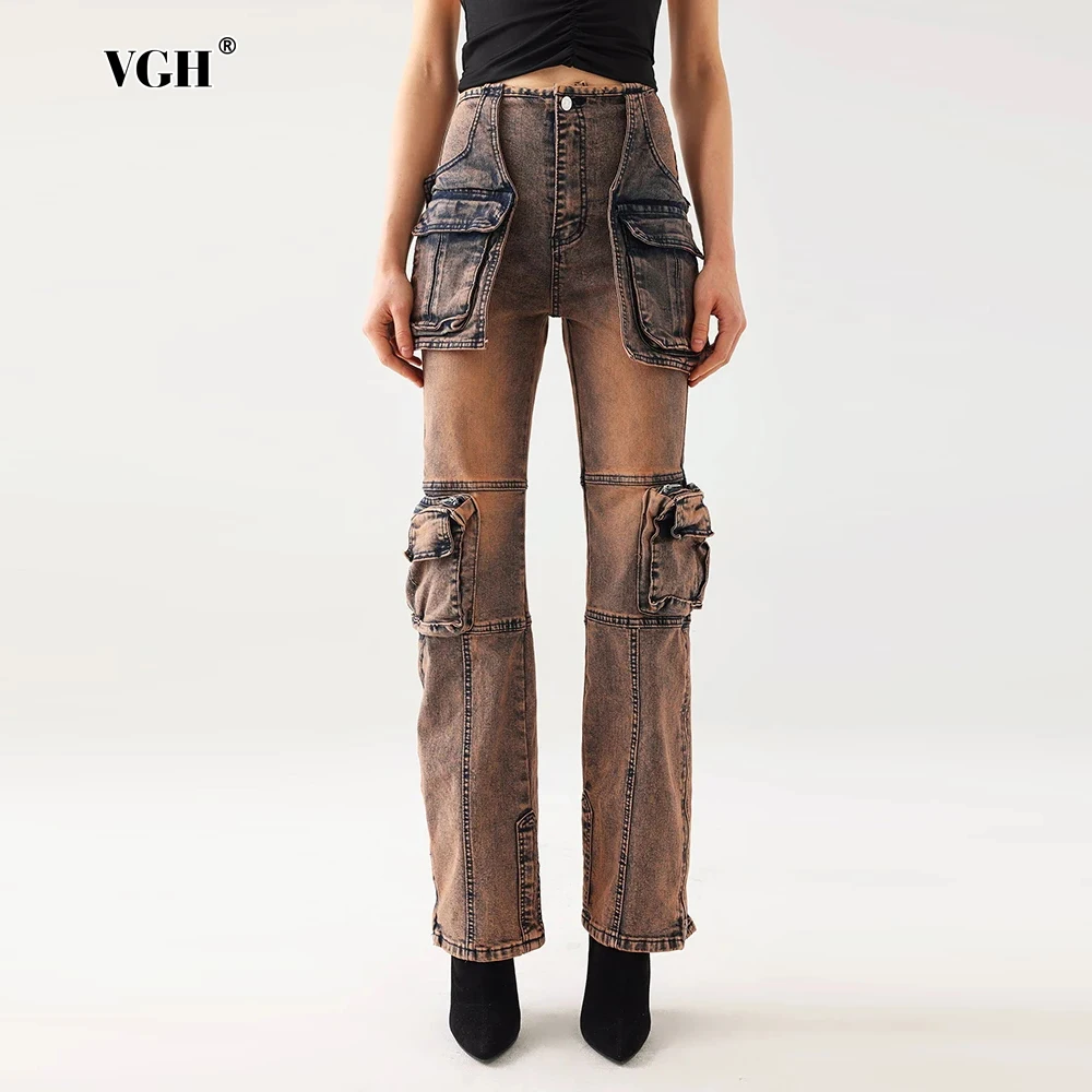 

VGH Streetwear Patchwork Button Denim Pant For Women High Waist Spliced Zipper Designer Cargo Pants Female Style New