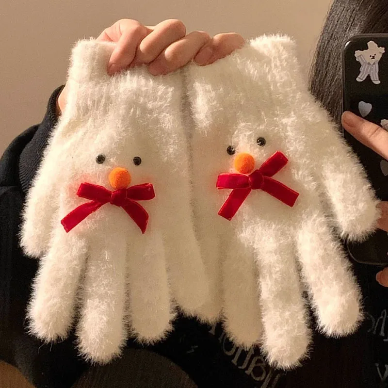 Women's Knit Gloves Winter Cute Bow Snowman Fleece Thicken Warm Cycling Windproof Split-Finger Christmas Themed Fluffy Gloves