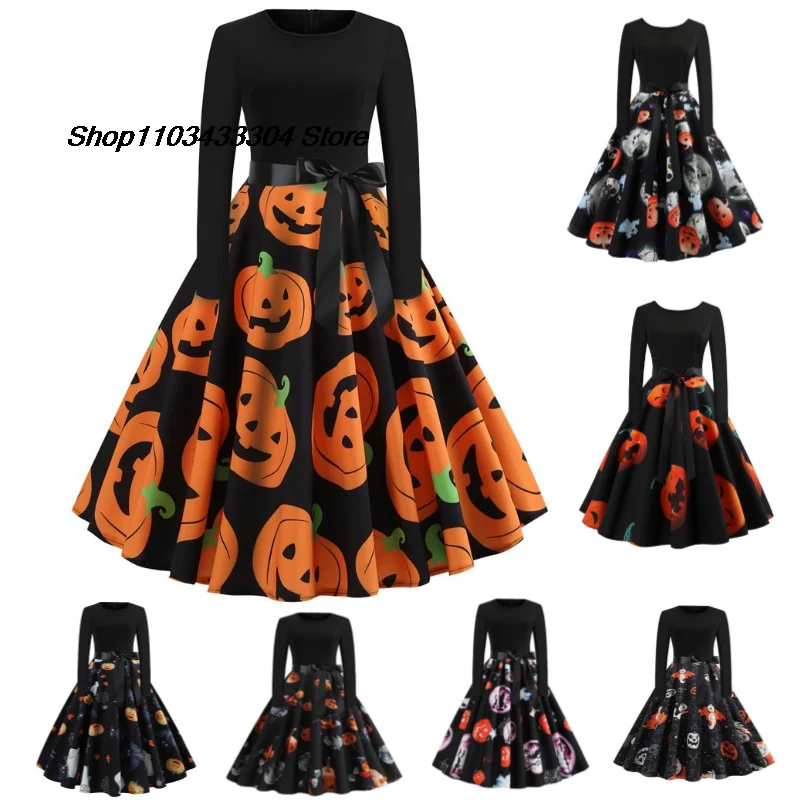 Halloween Cosplay Costume Props Fancy Pumpkin Womens Dress Long Sleeve Princess Dress Festival Dress Up Party Vintage Robe