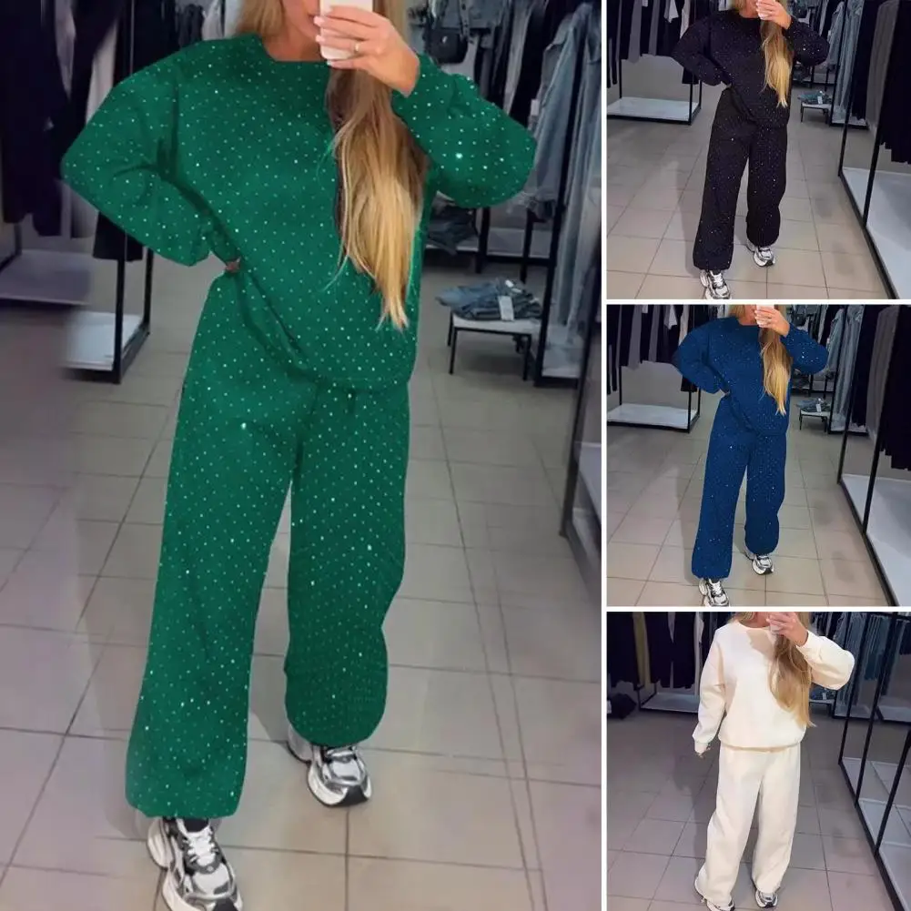 Женский наряд со стразами, женский свитшот со стразами, комплект широких брюк для повседневной носки, спортивный наряд, круглый на осень