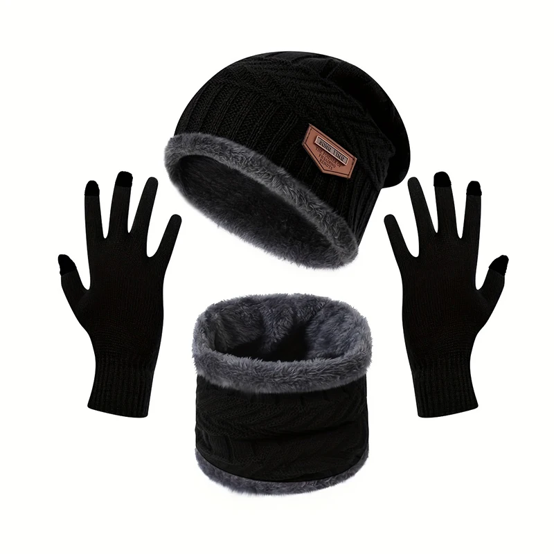 Winter warme Mützen Herren und Damen Gehörschutz mit Samt Strickmützen Handschuhe Hut Hals dreiteiliges Set