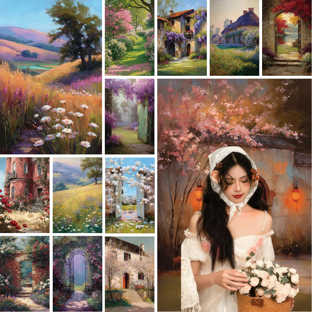 

MOON.QG Monet Garden Rural Cottages Backdrop Shady Paths Backgrounds For Photography Photozone Wedding Baby Wall Party Supplies