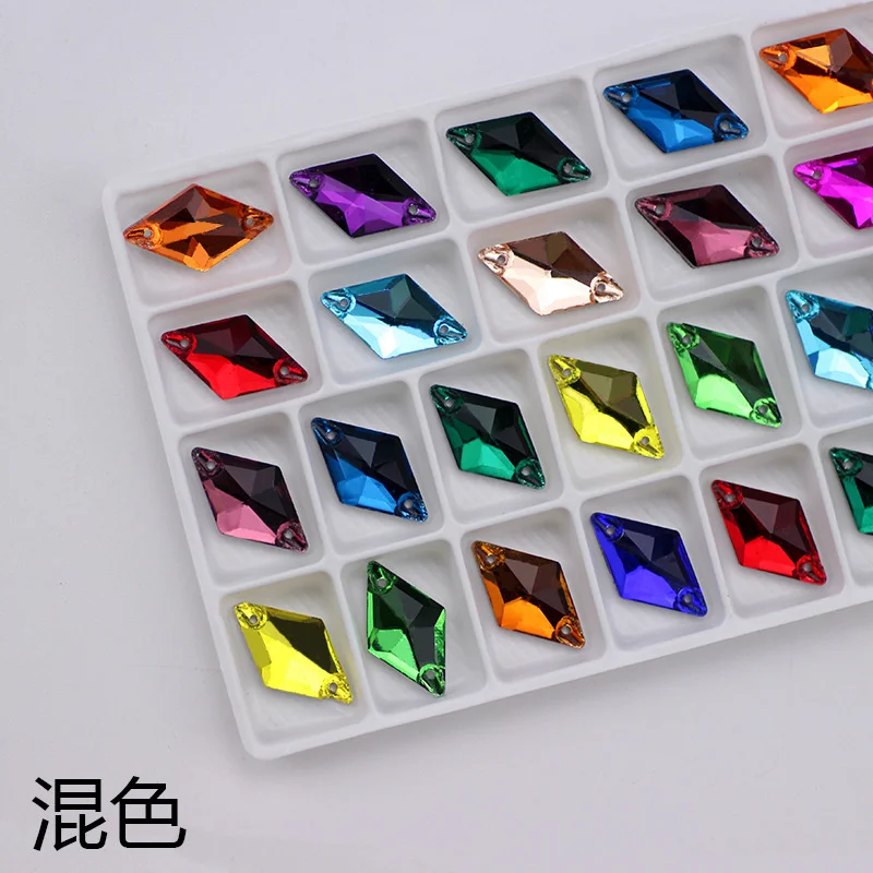 28pcs 11*19mm Glitter Crysta Sew On Rhombus Glass Rhinestone Flatback Colorful Sewing Beads For DIY Wedding Dress 18colors