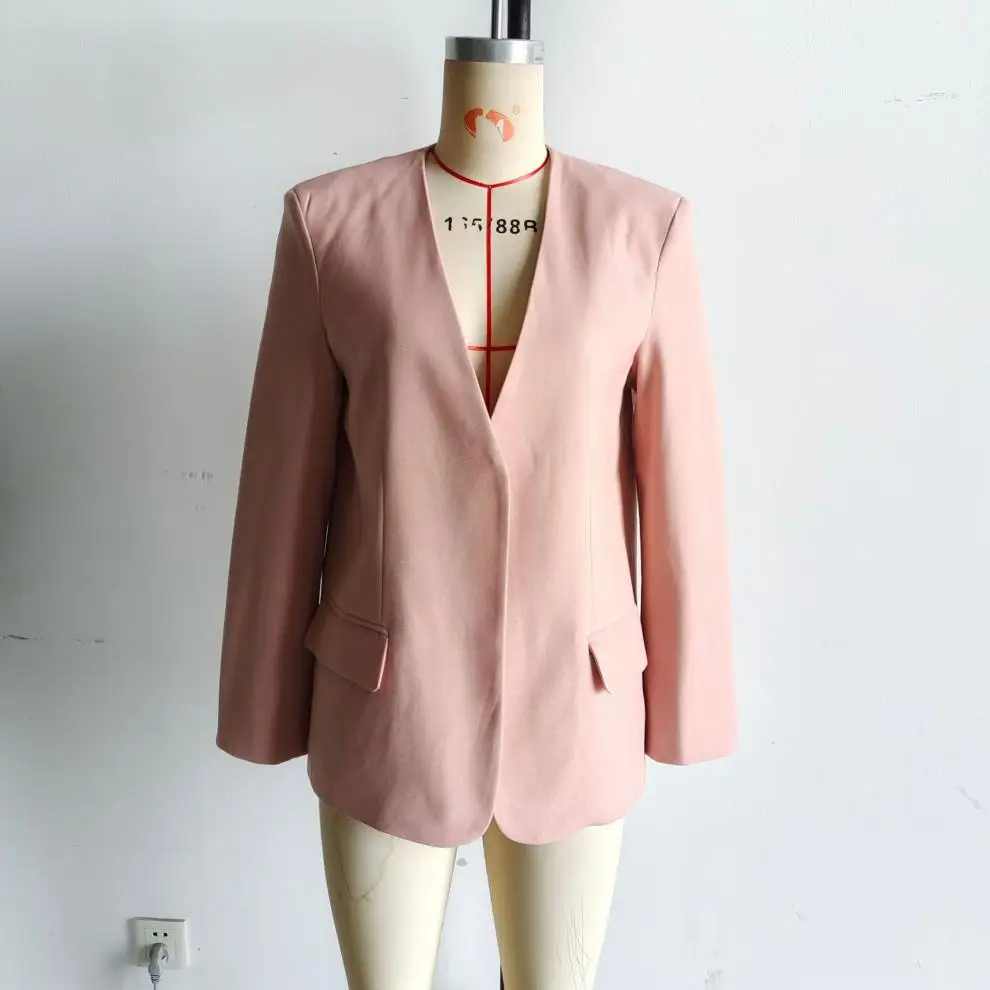 Blazer Casual V-ausschnitt Langarm Gerade Jacke Herbst Frauen Mode Rosa Lose Fit Mit Tasche Eine Taste Anzug Mantel