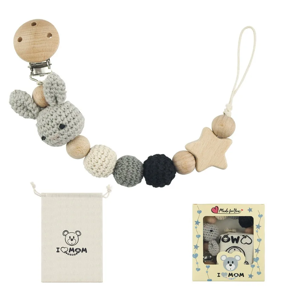 Baby Houten Fopspeen Clip Hout Gehaakt Cartoon Tandjes Fopspeen Ketting Voor Bpa Vrije Verpleging Kauw Speelgoed Baby Dummy Houder Ketting