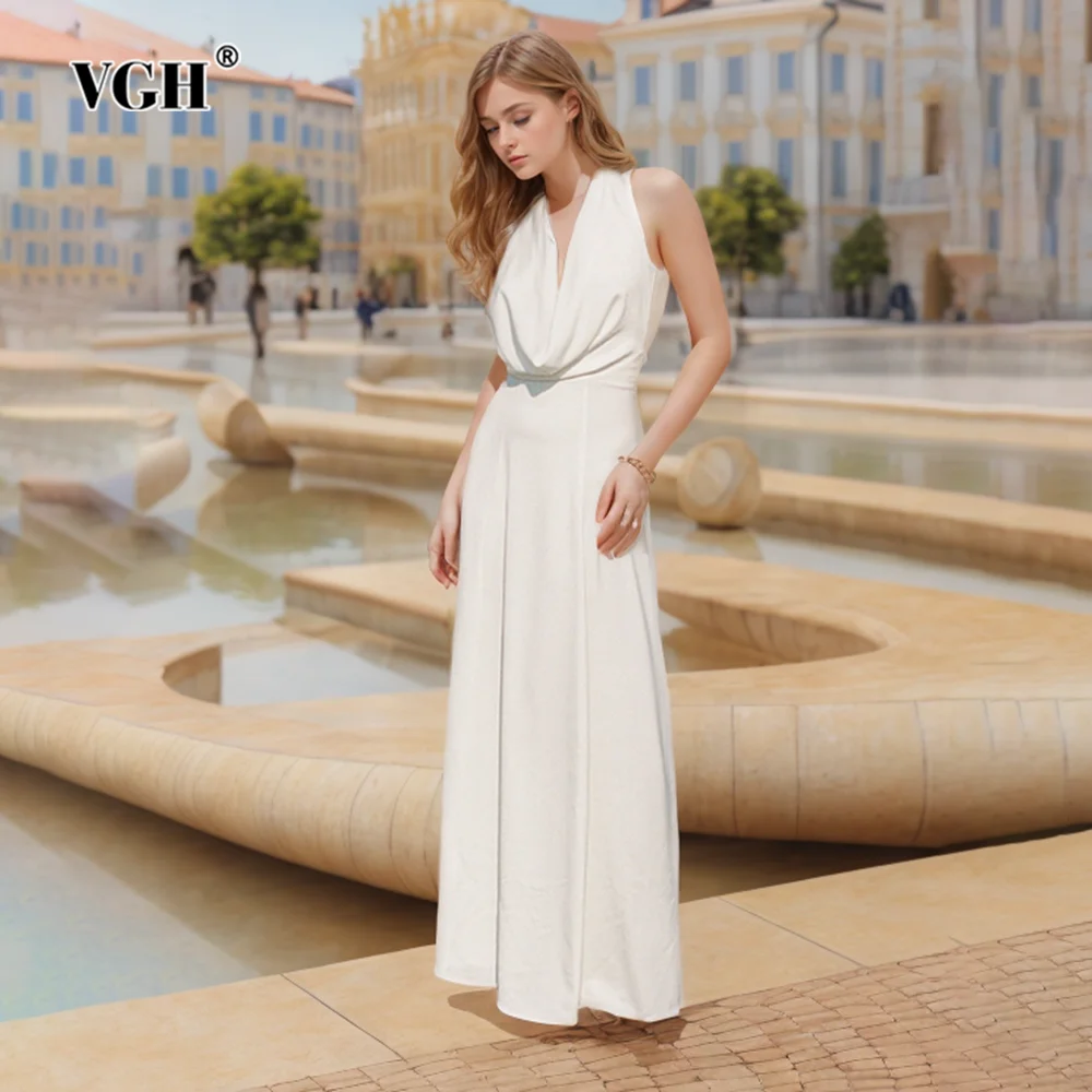 

VGH Solid Patchwork Pearls Chains Backless Dresses For Women Swinging Collar Sleeveless High Waist Sexy Long Dress Female New