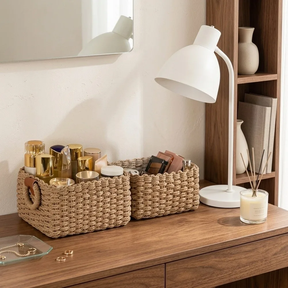 3pcs Storage Holders Set Made of Paper with Faux Leather Tags for Labeling and Easy Transport Desert 26x19x12 cm