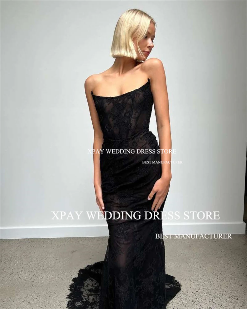 XPAY Gothic Black Mermaid Wedding Dresses Full Lace Sleeveless Bridal Gown Backless Strapless Sweep Train Bridal Dress 2024