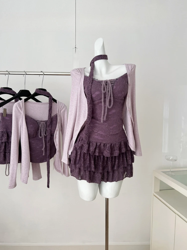 

Spring Korean Fashion Ballet Suits Women Tie Fake Slim Two Pieces Tops+Elastic Waist Mini Skirts Cute Sweet Casual Clothing New