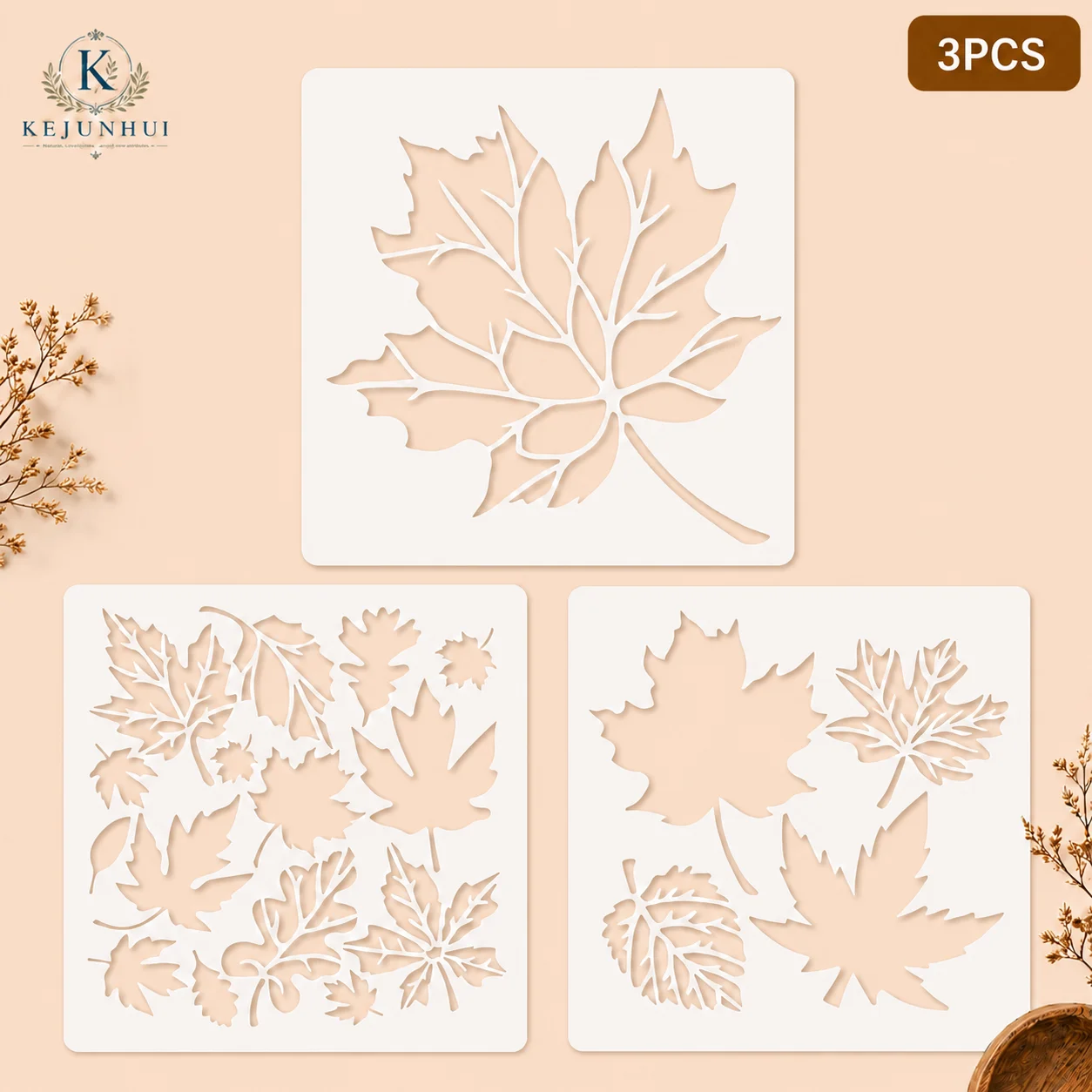 3Pcs 6x6in Maple Leaf Stencils Reusable PET Stencils for Painting Fall Leaves Craft Templates Wall Wood Fabric Home DIY Decor