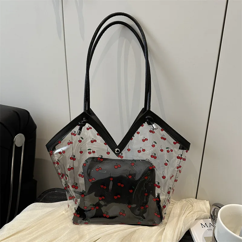 Summer Transparent Pvc Cherry Pattern Shoulder Bag Small Bag Simple Fashion Large Capacity Magnetic Buckle Commute Shopping Bag