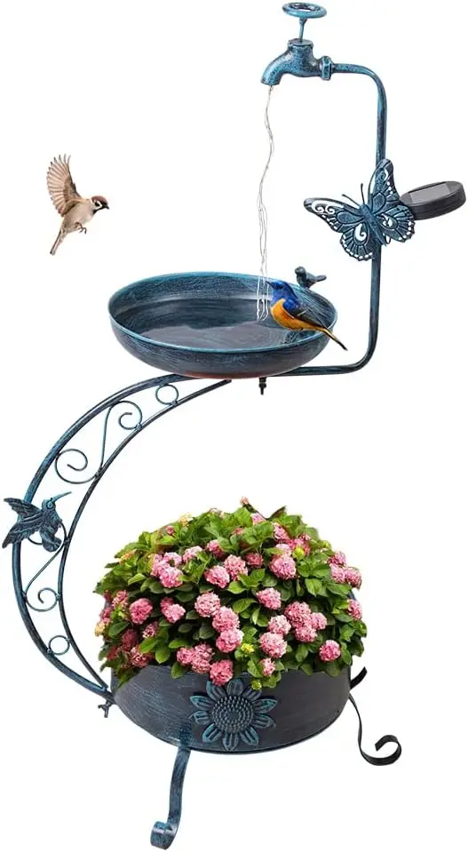 

Outdoors Metal Garden Bird Bath with Solar Lamp Vintage S Birdbaths with Flower Planter Pedestal Standing Bird Feeder