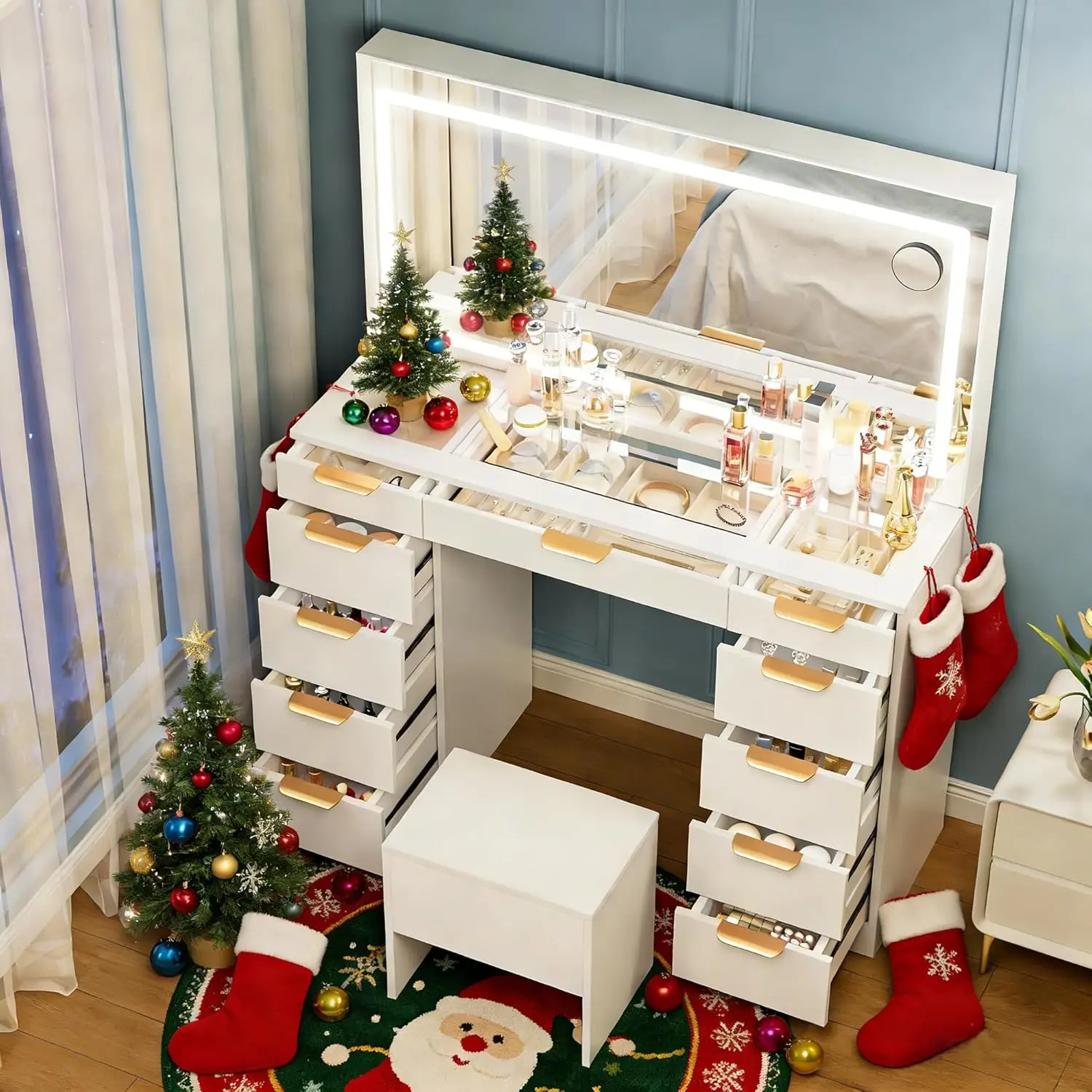 White Glass Makeup Vanity for Bedroom with 11 Drawers, Charging Station, Chair, Golden Handles & 3 Lighting Modes