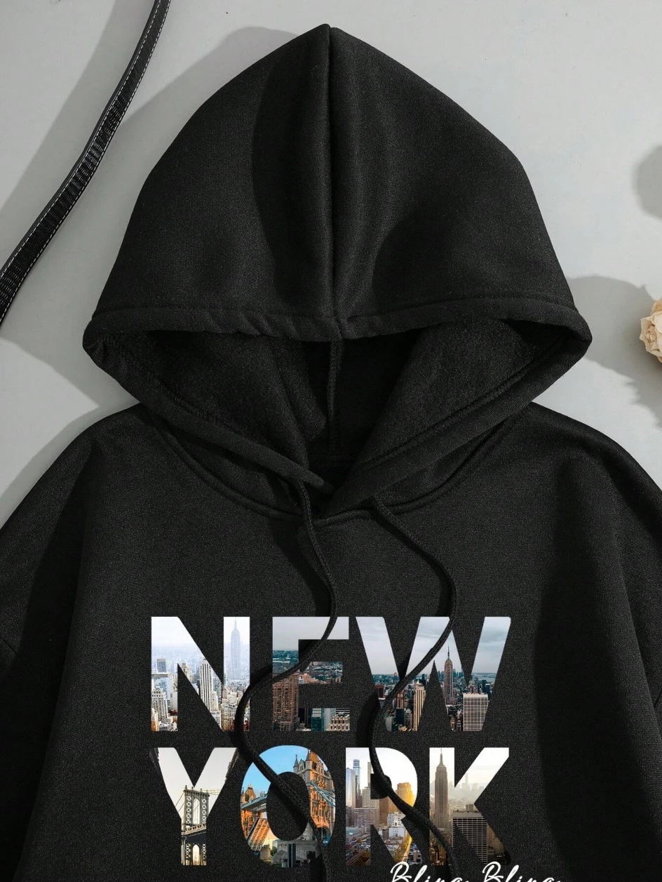 New York Scenery Printing Sweatshirt Womens Autumn Soft Hooded simple Warm Comfortable Hoodie Street Oversize fashion Pullovers