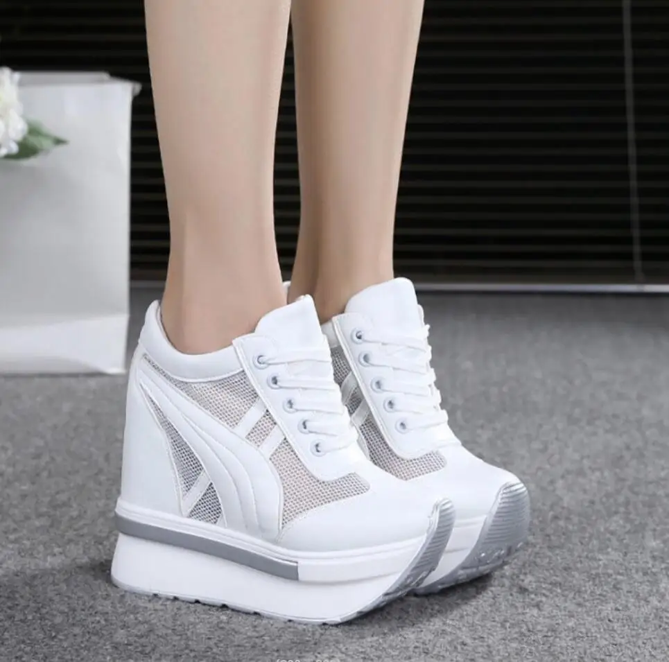 2024 New Classic Women Mesh Platform Sneakers White Shoes 10CM High Heel Wedges Outdoor Breathable Internal Increase Casual Shoe