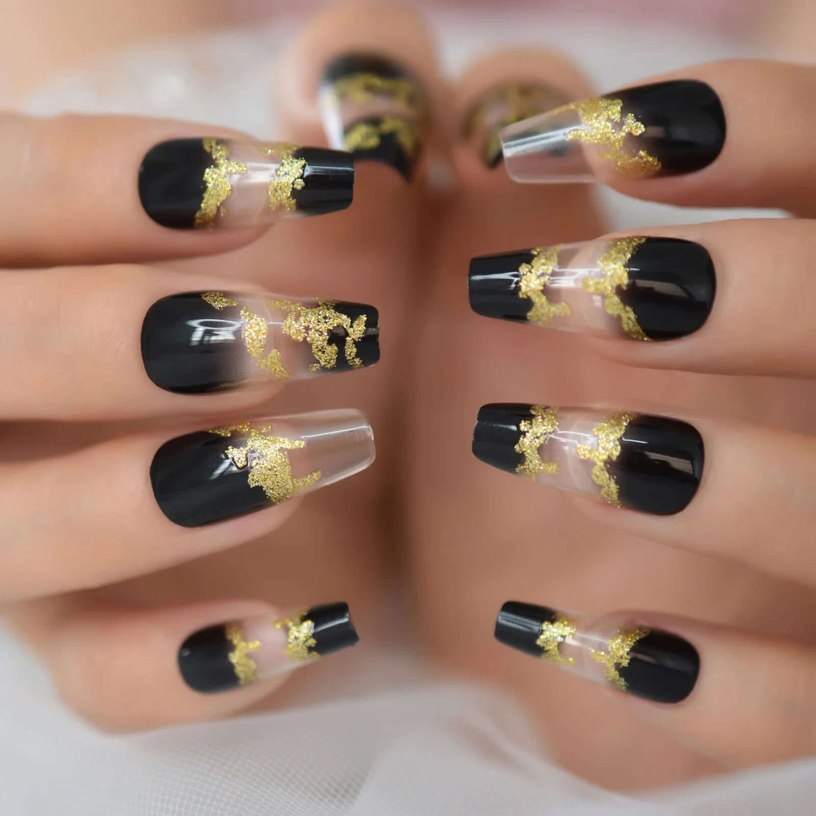 Gold Glitter Press On Nails Black And Clear Fake Nails Noble Medium Length Stick On Nails Coffin Ballet For Women