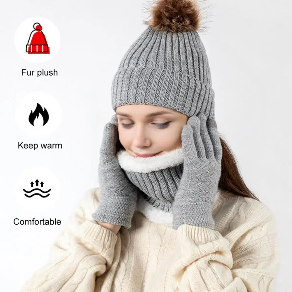 Durable Weather Wear Winter Knitted Scarf Gloves Set with Pom Pom Ball Fleece Lined Brimless Hat Touchscreen Gloves for Weather