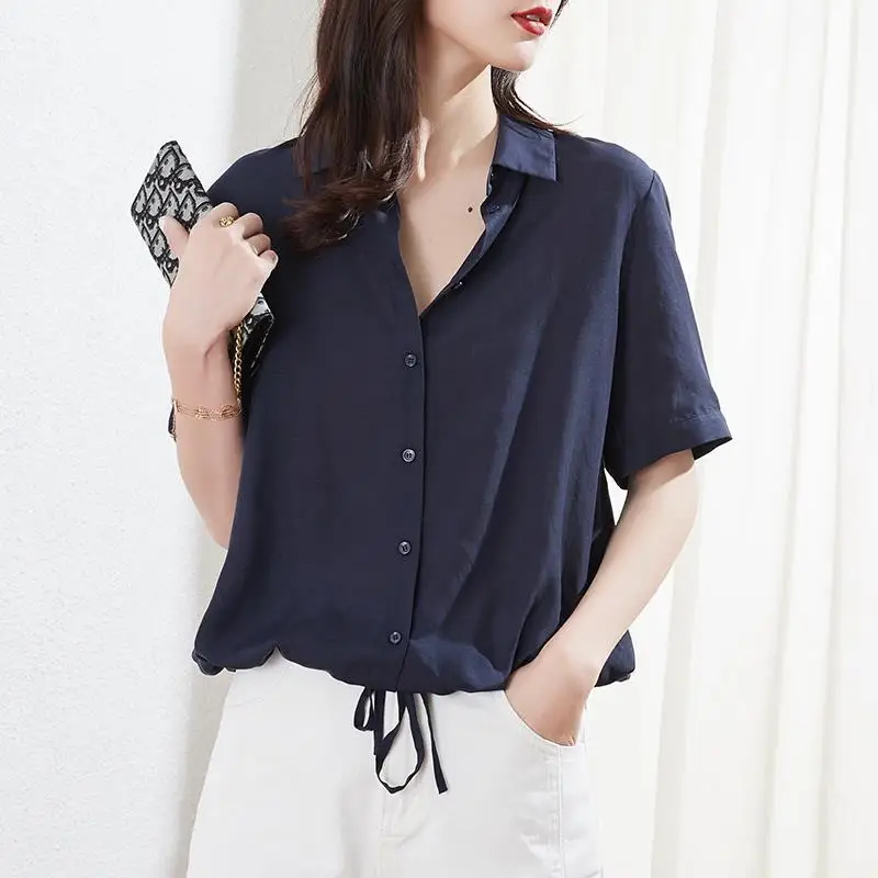 Fashion Solid Color Loose Bandage Bow Shirring Shirt Female Clothing 2023 Summer New Oversized Casual Tops Office Lady Blouse