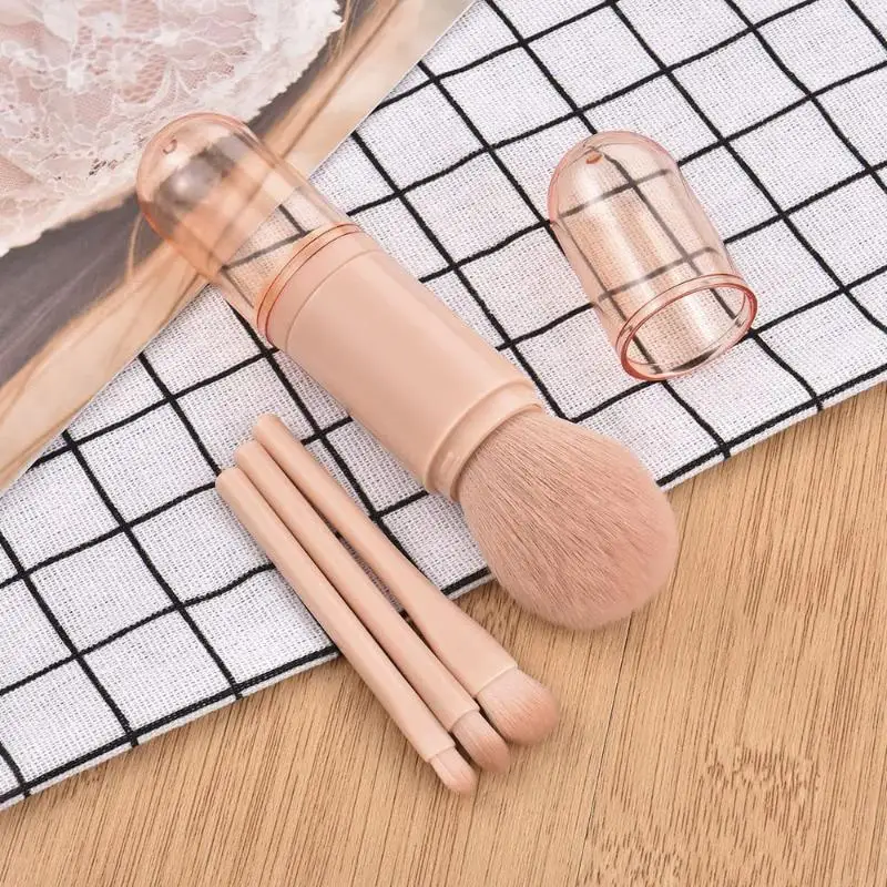 Retractable 4 in 1 Makeup Brushes Set Portable Kabuki and Three Eye Brushes for Quick Touch Ups Compact for Handbags and Travel