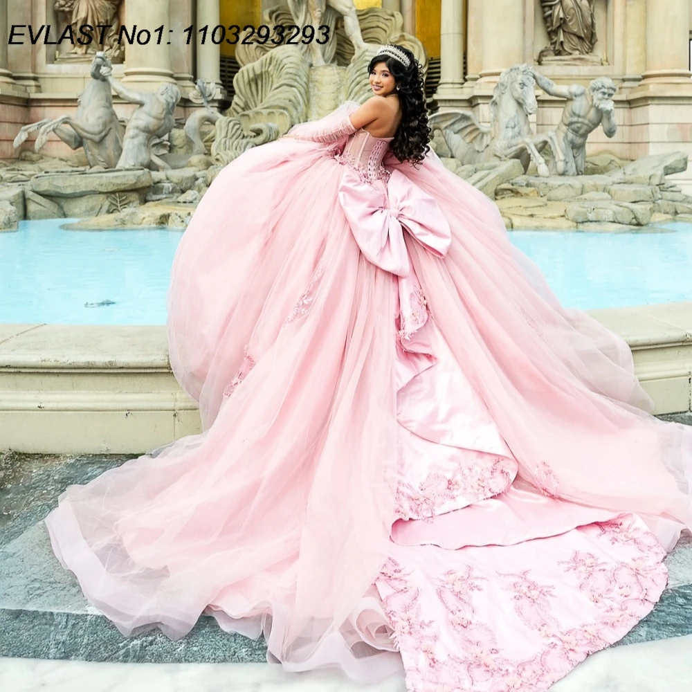 

EVLAST индивидуальное розовое бальное платье 2025 года, платье Quinceanera, кружевная аппликация, корсет с бантом и бисером, Sweet 16, Vestidos De 15 Anos E1Q850