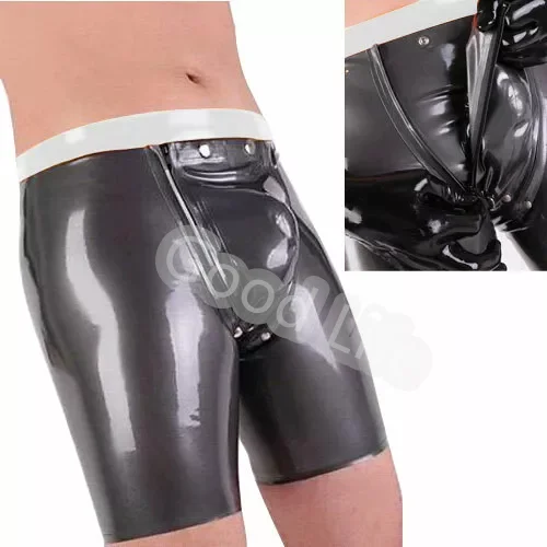 

Natural Latex Sexy Men's Fetish Latex Boxer Short Pants With White Trim Open Punch Cod Piece Crotch with Zip Rubber Biker Short