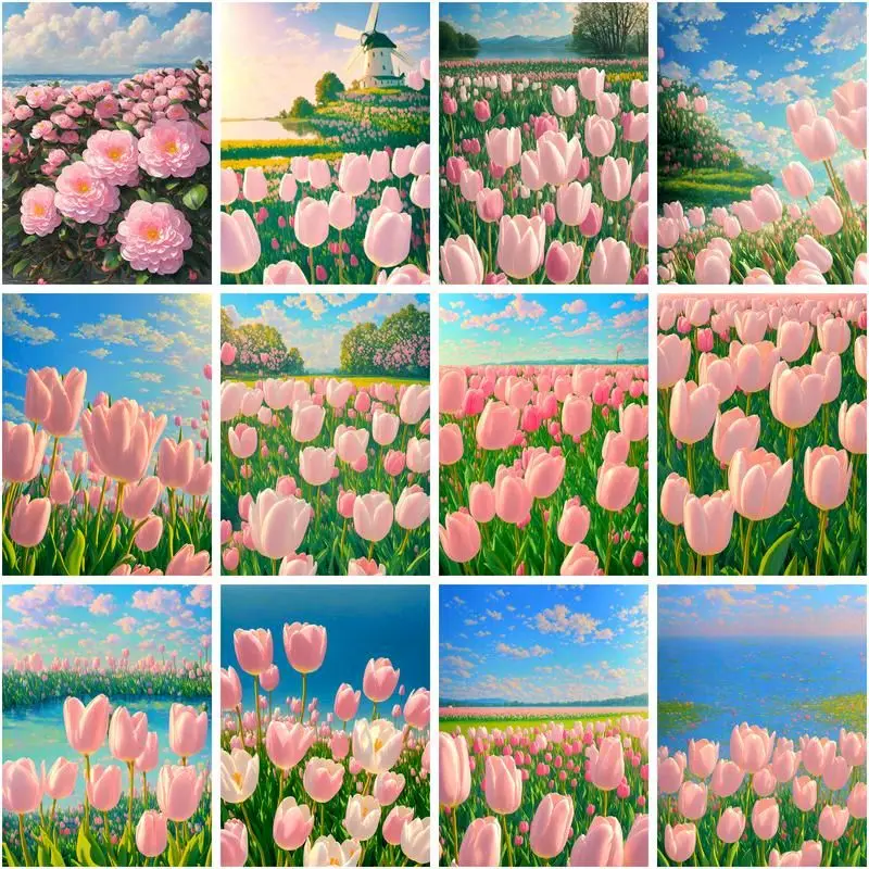 

CHENISTORY 5D Diamond Painting Cross Stitch Pink Flower Diamond Mosaic Embroidery Picture Of Rhinestones Decorative Paintings