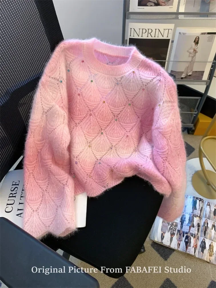 

Женские французские пуловеры, градиентный свитер, укороченные пуловеры с длинными рукавами и круглым вырезом, трикотажные изделия, корейские трикотажные изделия, осень-зима, дизайнерский мохеровый