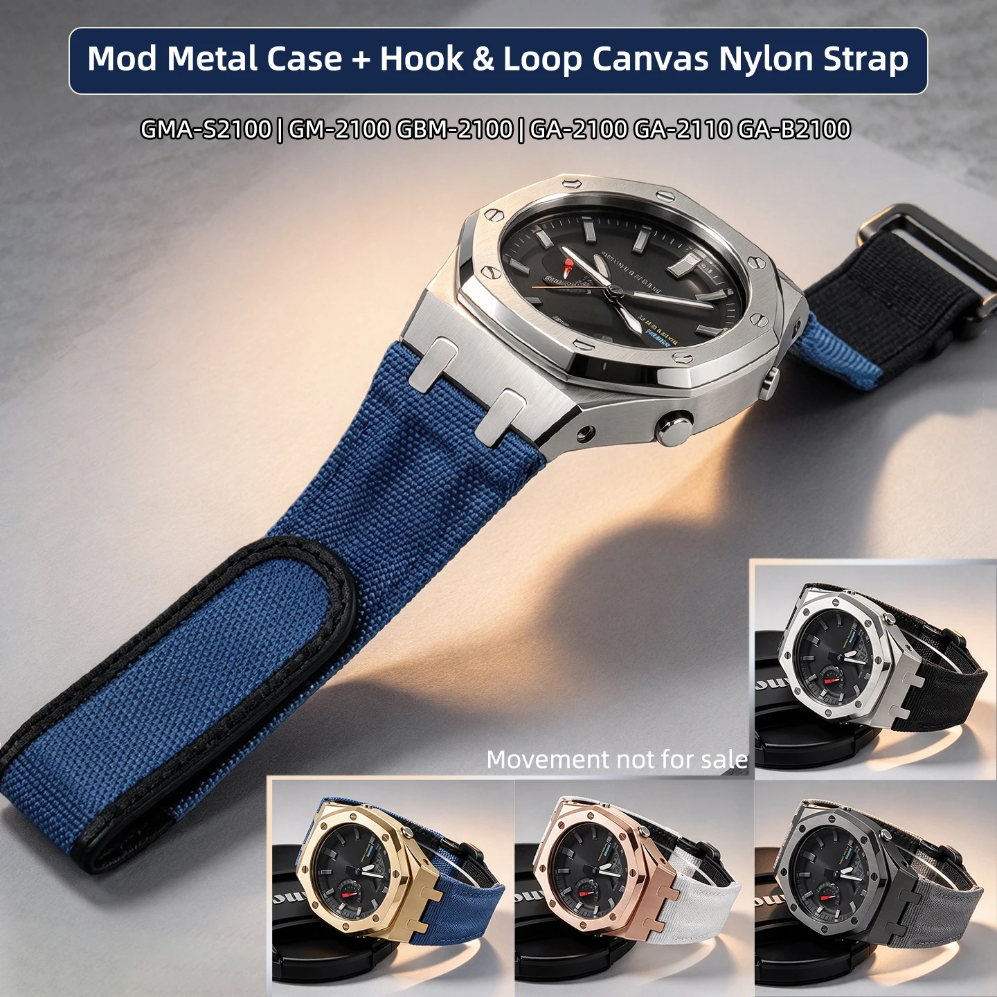 Gen5 CasiOak Mod Kit Metal Case, Canvas Nylon Hook and Loop Strap for G-Shock GA-2100 GA-B2100 GMA-S2100 GBM2100 GM2100 Parts