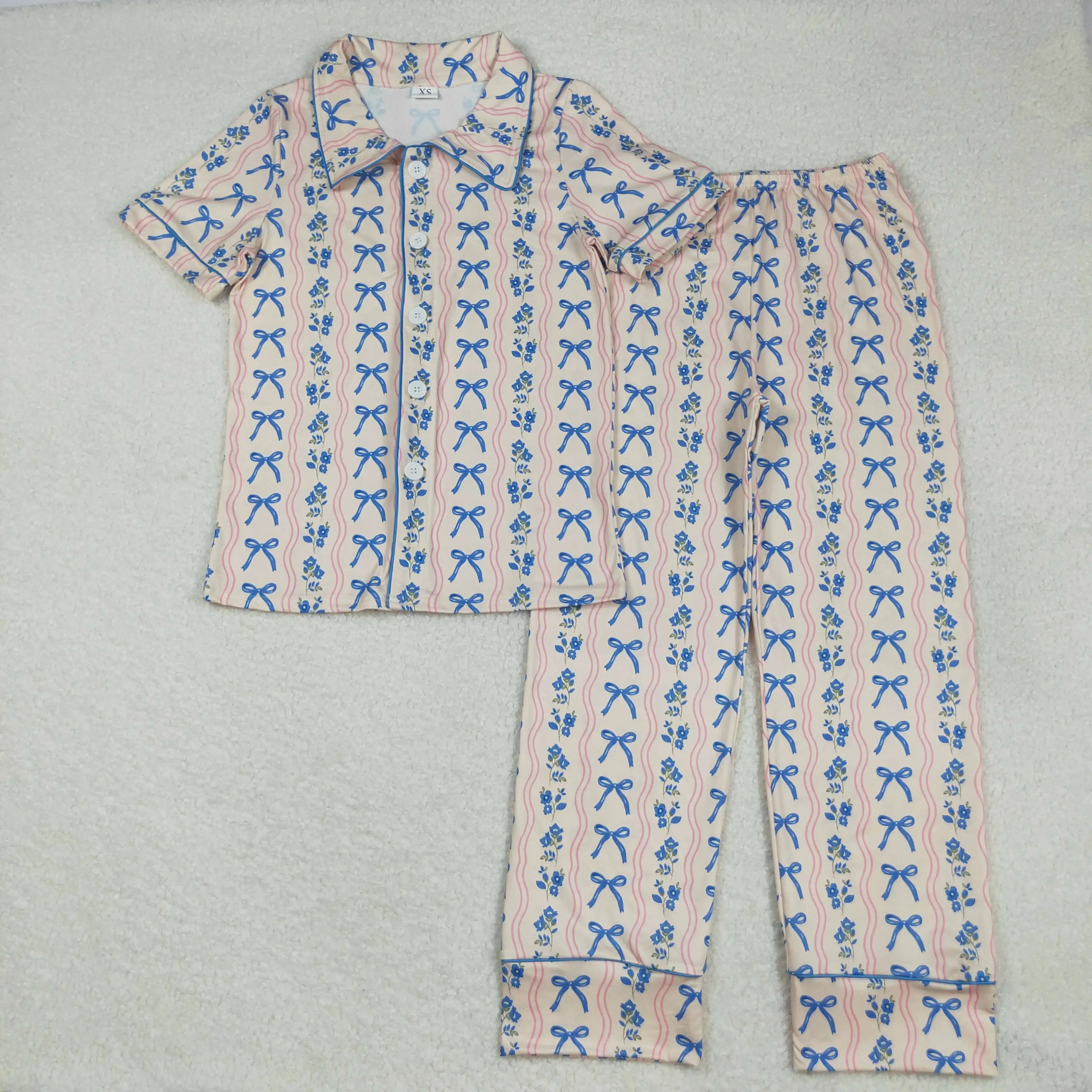 

Adult Women's Blue Floral Pajamas Set with Bows And Stripes Button-Down Top And Pants Short Sleeve Comfortable Sleepwear