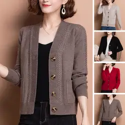 Women Knitted Cardigan Spring Autumn V Neck Button Closure Knitted Coat Solid Color Middle Age Long Sleeves Ladies Top